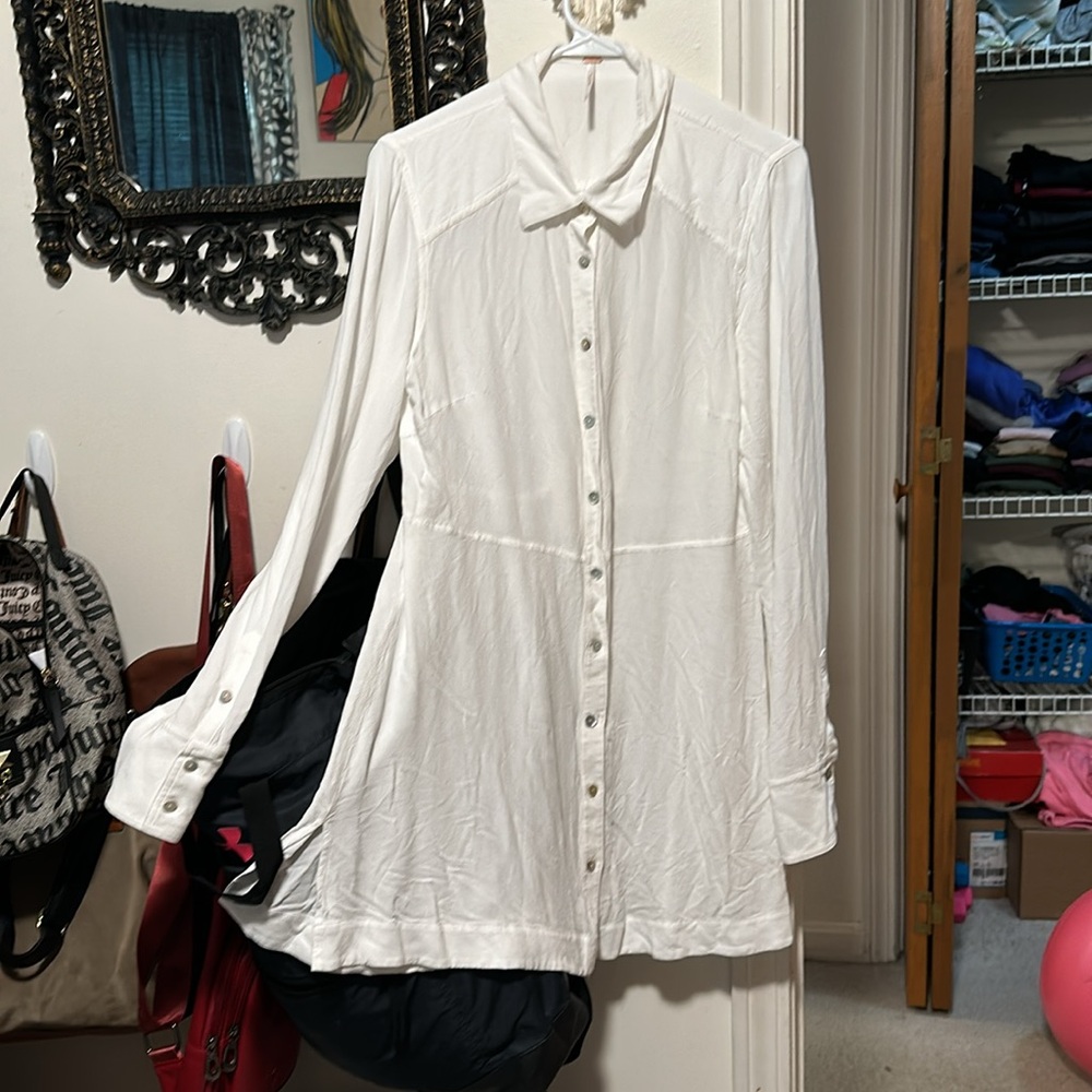 FREE PEOPLE white button down front side bottom slits dress rayon large - Picture 5 of 10